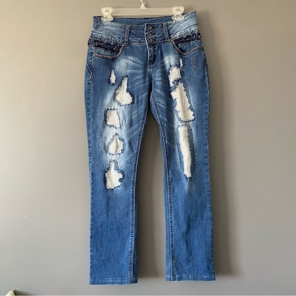KARV Distressed Straight  Cut Jeans Size 28 Y2K Streetwear Patch Denim - Picture 1 of 13